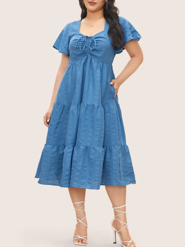 Ruched Drawstring Pocket Ruffle Tiered Dress (Buy 2 Free Shipping)