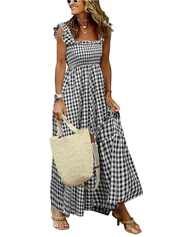 Women's Retro Plaid Smocked Flounce Long Dress (Buy 2 Free Shipping)