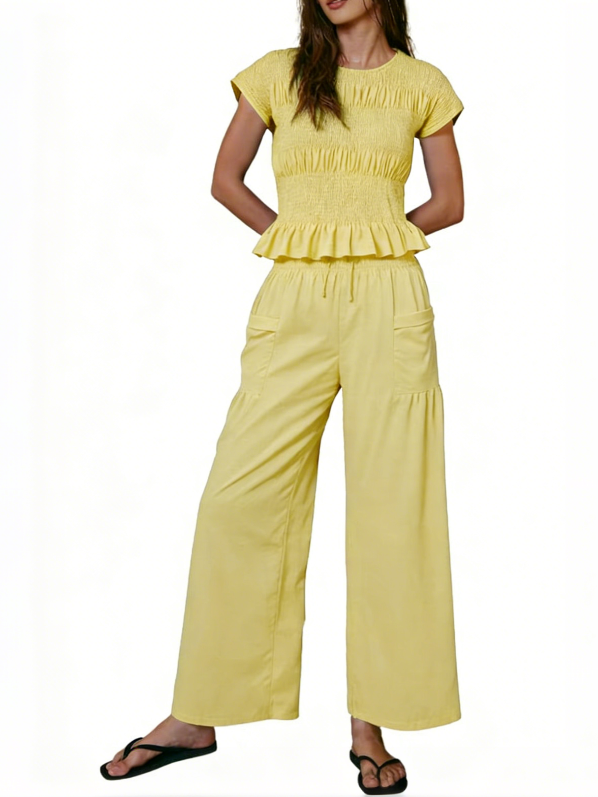 Women's Ruched Ruffle Top & Wide-Leg Pants Two-Piece Set