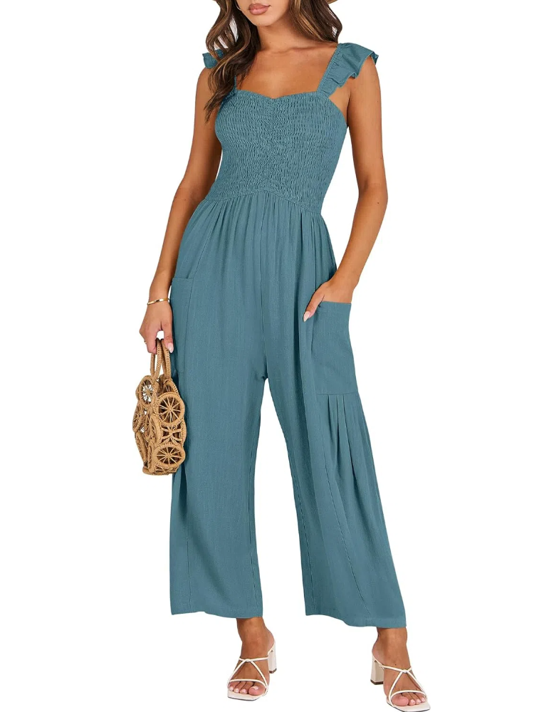Women's Sleeveless Smocked Wide Leg Jumpsuits (Buy 2 Free Shipping)
