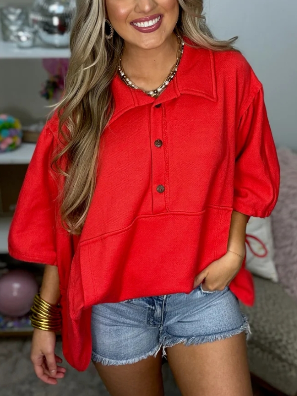 TIE SLEEVE OVERSIZED COLLARED HENLEY PULLOVER (BUY 2 FREE SHIPPING)