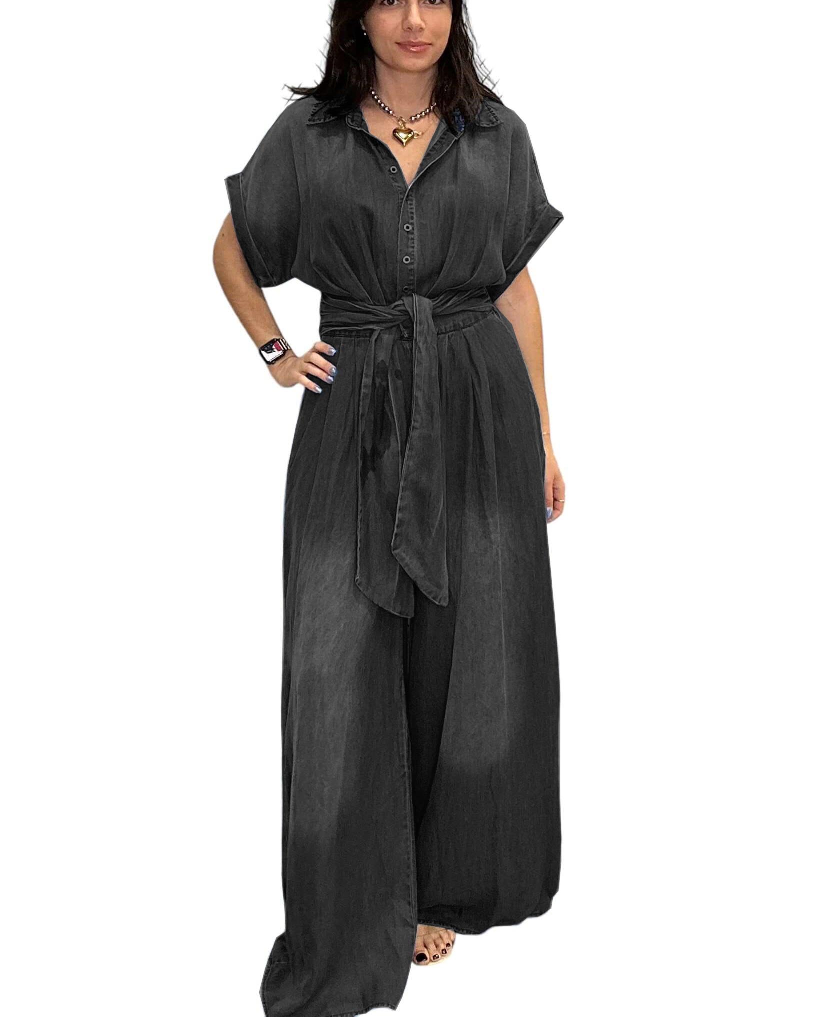 Casual Bat-Sleeve Tie-Waist Denim Wide-Leg Jumpsuit (Buy 2 Free Shipping)