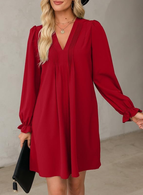 Casual Ruffle Sleeve V-Neck A-Line Mid-Length Pleated Hem Shirt Dress (Buy 2 Free Shipping)