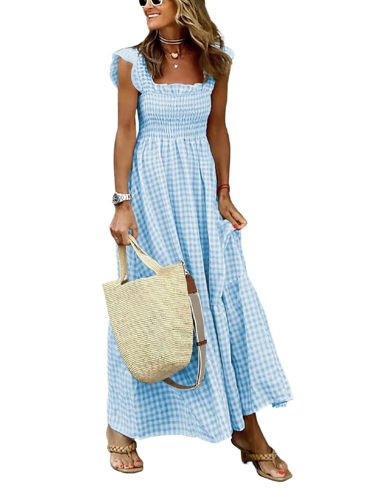 Women's Retro Plaid Smocked Flounce Long Dress (Buy 2 Free Shipping)