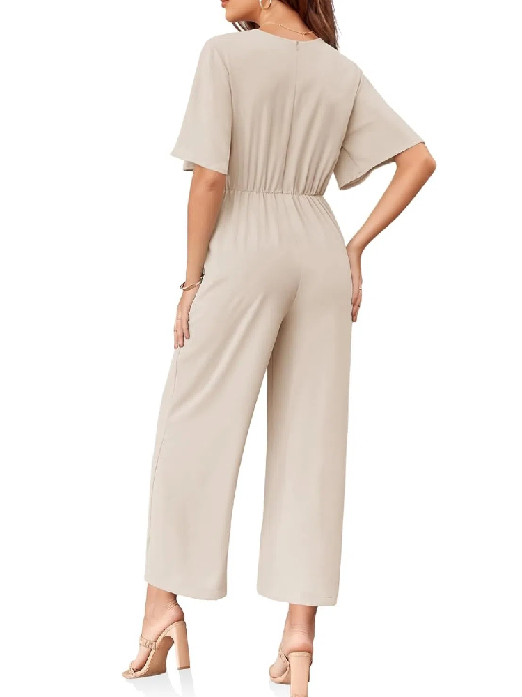 Women's V Neck Tie Knot Front Wide Leg Jumpsuits (Buy 2 Free Shipping)  