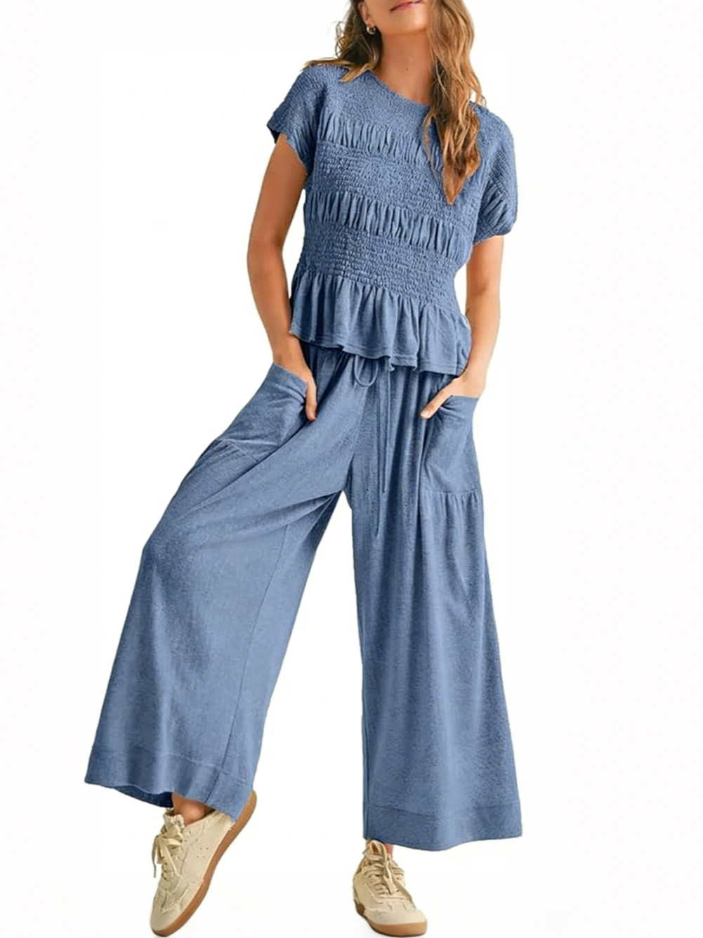 Women's Ruched Ruffle Top & Wide-Leg Pants Two-Piece Set