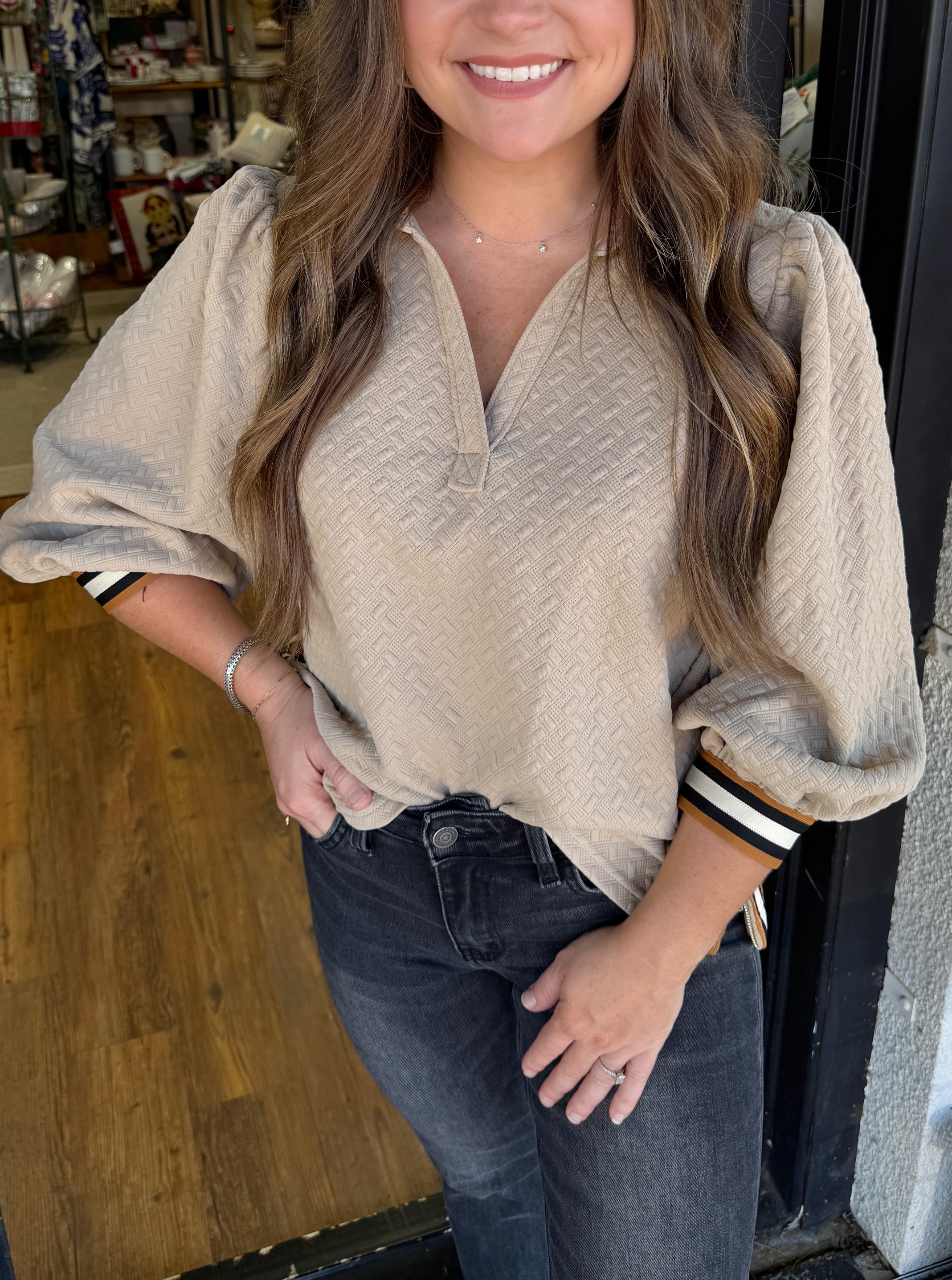 Textured Contrast V Neck Top (Buy 2 Free Shipping)
