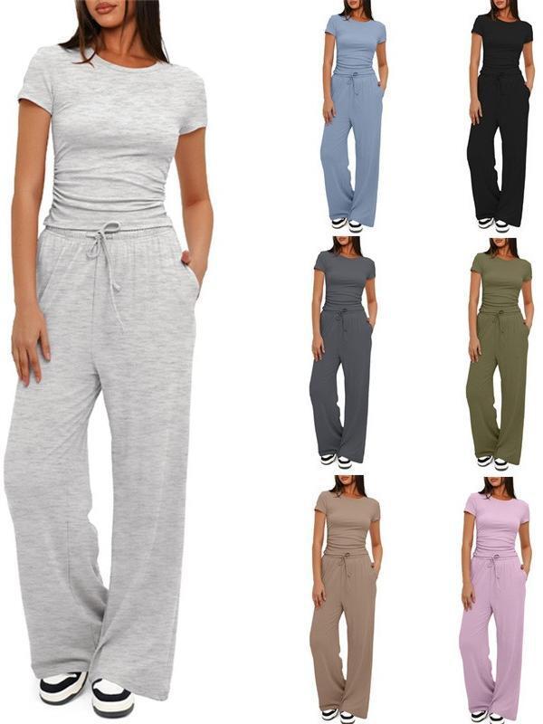 Women's Ruched Short Sleeve Tops and High Waisted Wide Leg Pants  Sets