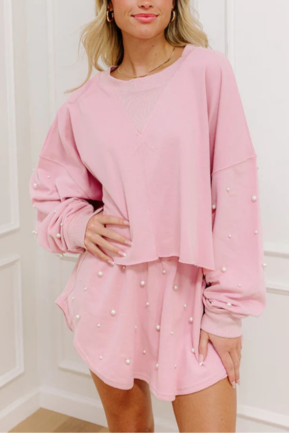 ✨Women's Pearl Embellished Long Sleeve Crop Sweatshirt Skirt Two-Piece Set (Buy 2 Free Shipping)