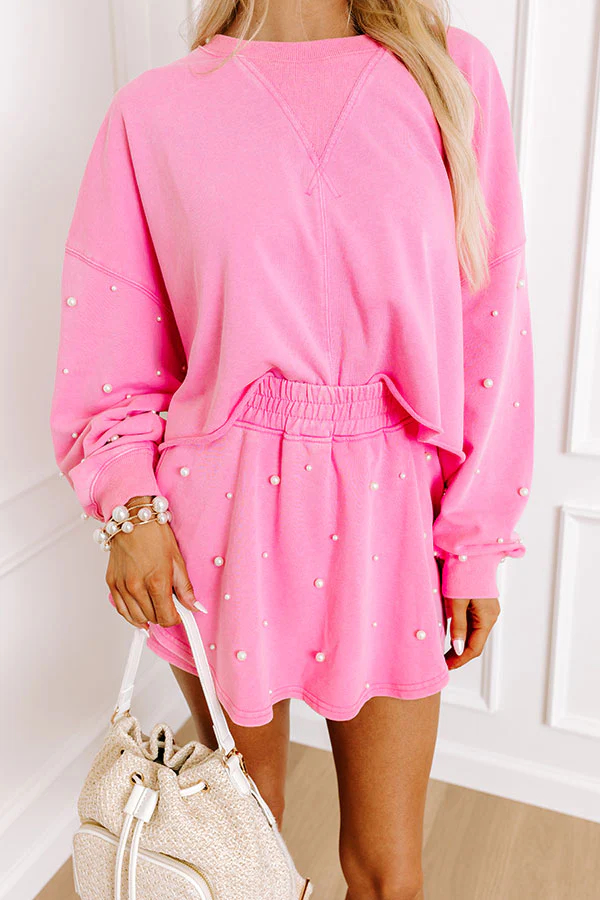 ✨Women's Pearl Embellished Long Sleeve Crop Sweatshirt Skirt Two-Piece Set (Buy 2 Free Shipping)