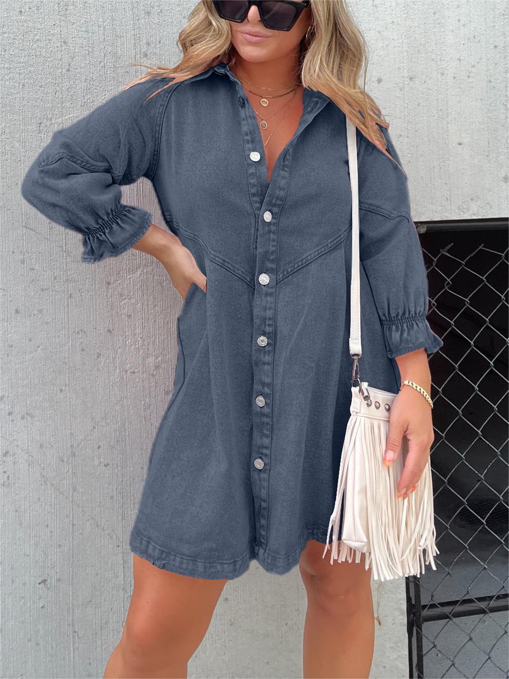 Washed Denim Puff Sleeve Dress (Buy 2 Free Shipping)-Pink Laura
