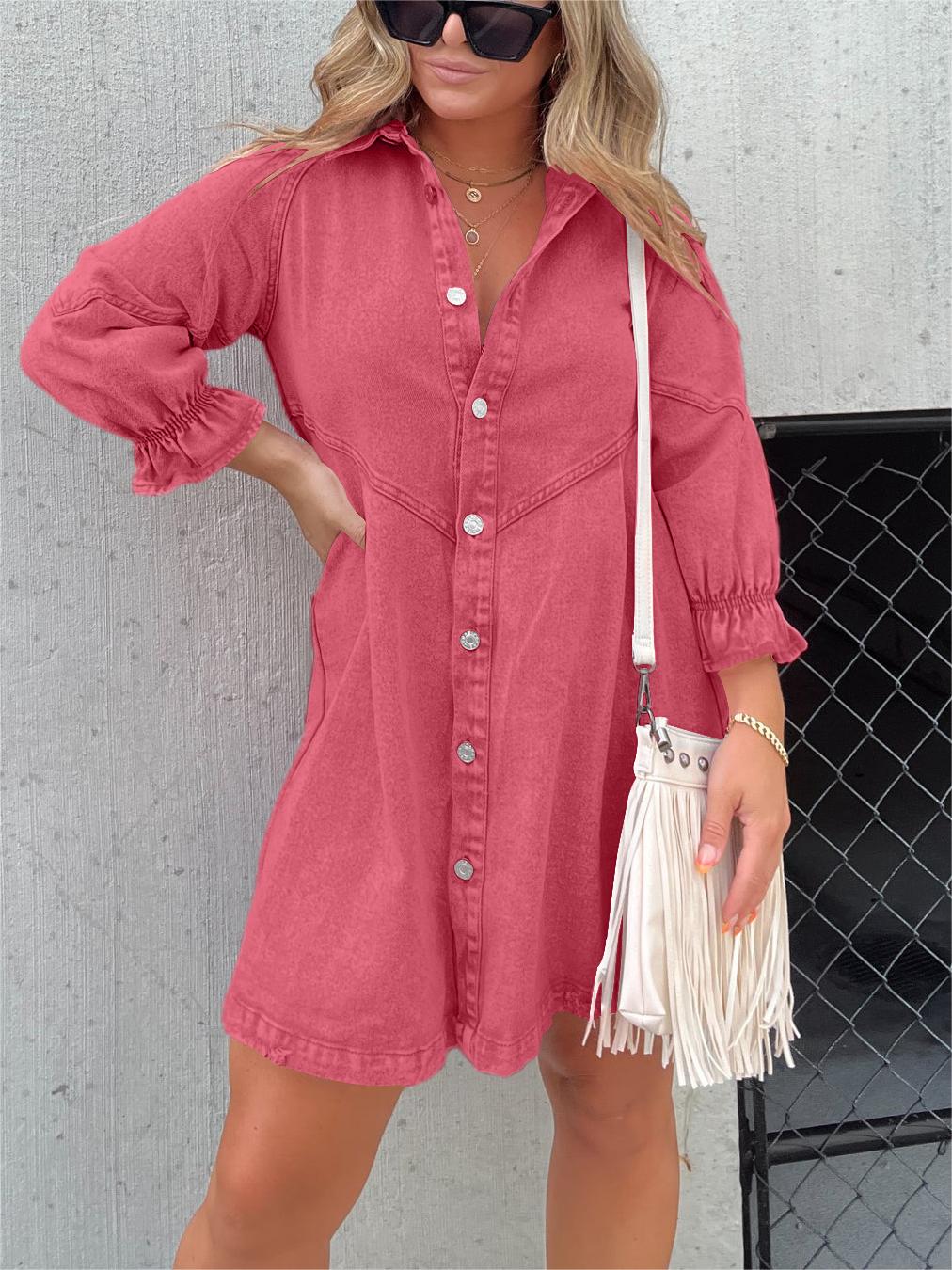 Washed Denim Puff Sleeve Dress (Buy 2 Free Shipping)-Pink Laura