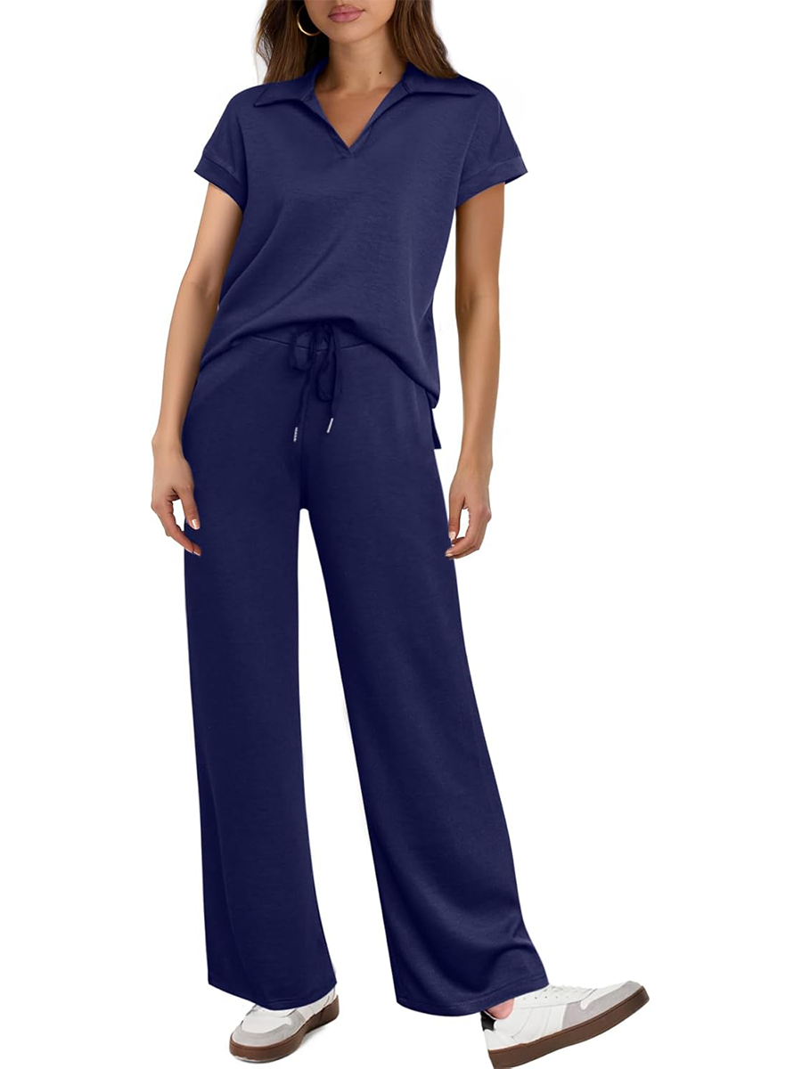Women's Short Sleeve Top and Drawsting Widw LEGPants 2 Piece Lounge Set Tracksuit
