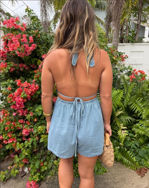 Women's Adjustable Back Tie Halter Denim Romper