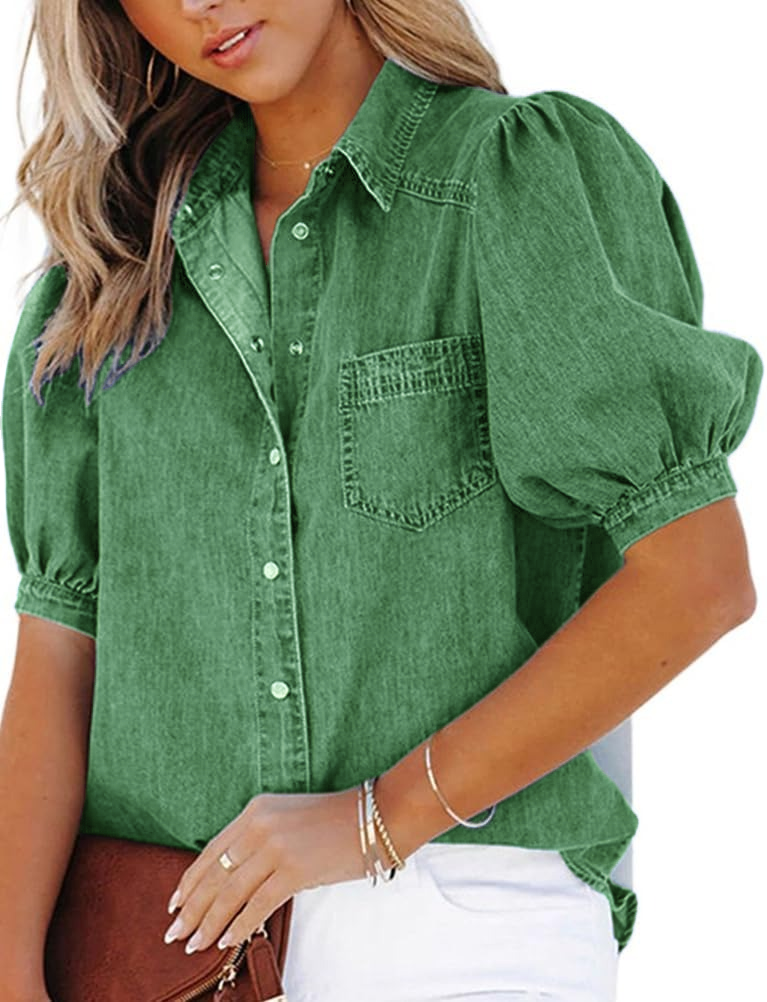 Women's Casual Puff Sleeve Denim Button-Down Shirt (Buy 2 Free Shipping) 