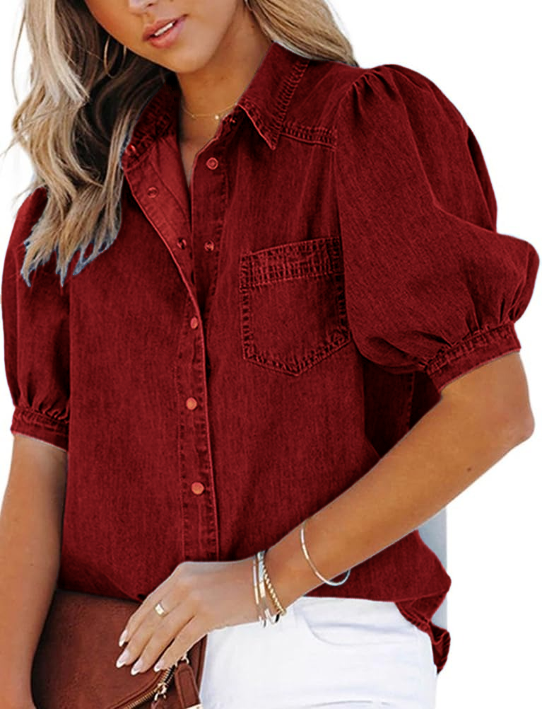 Women's Casual Puff Sleeve Denim Button-Down Shirt (Buy 2 Free Shipping) 