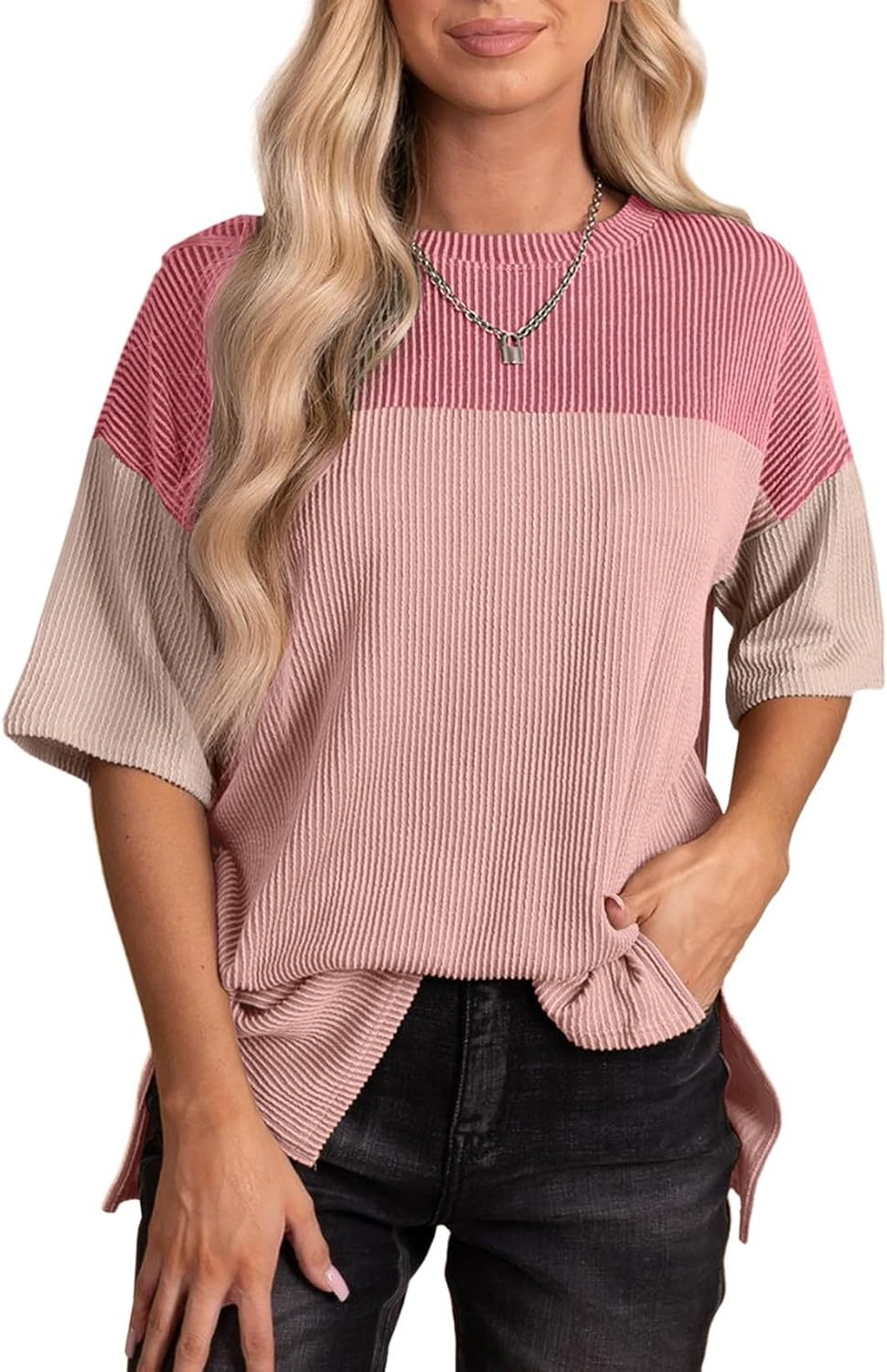 Color Block  Crewneck Knitted  T Shirts Tops