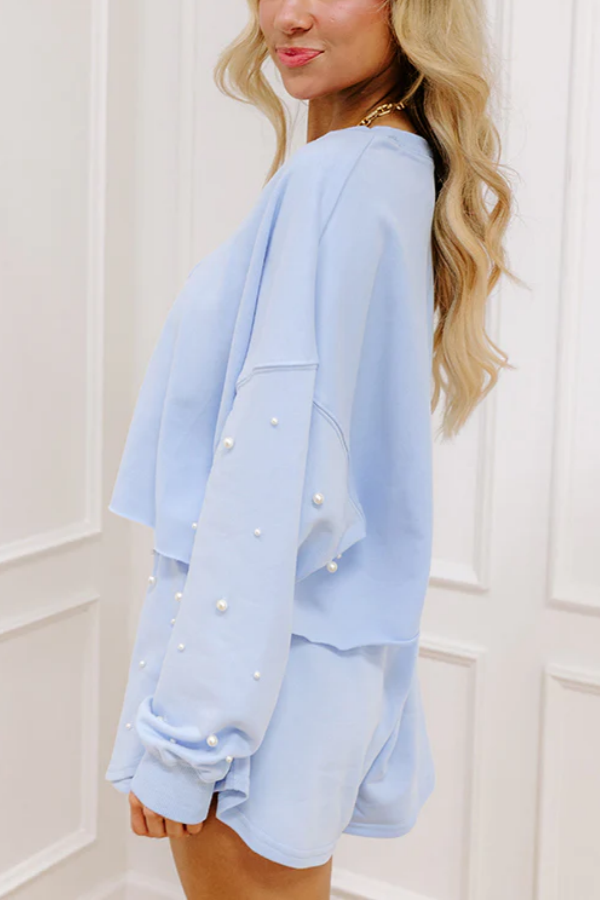 ✨Women's Pearl Embellished Long Sleeve Crop Sweatshirt Skirt Two-Piece Set (Buy 2 Free Shipping)