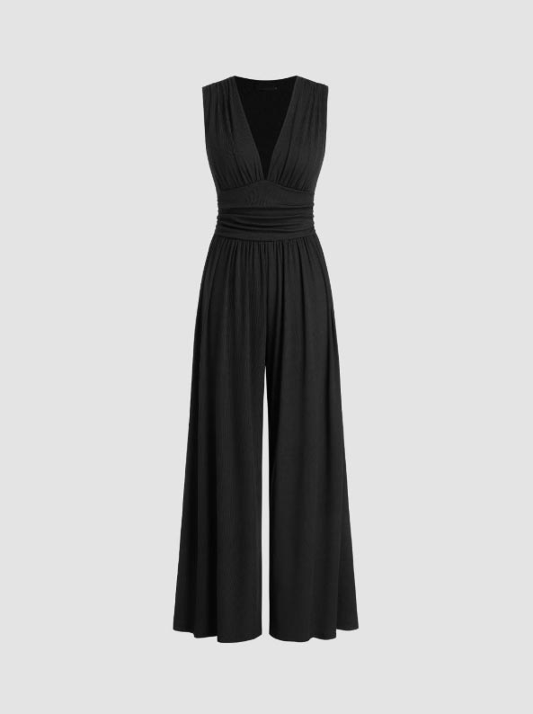 V-neck Ruched Solid Wide Leg Jumpsuit(Buy 2 Free Shipping)
