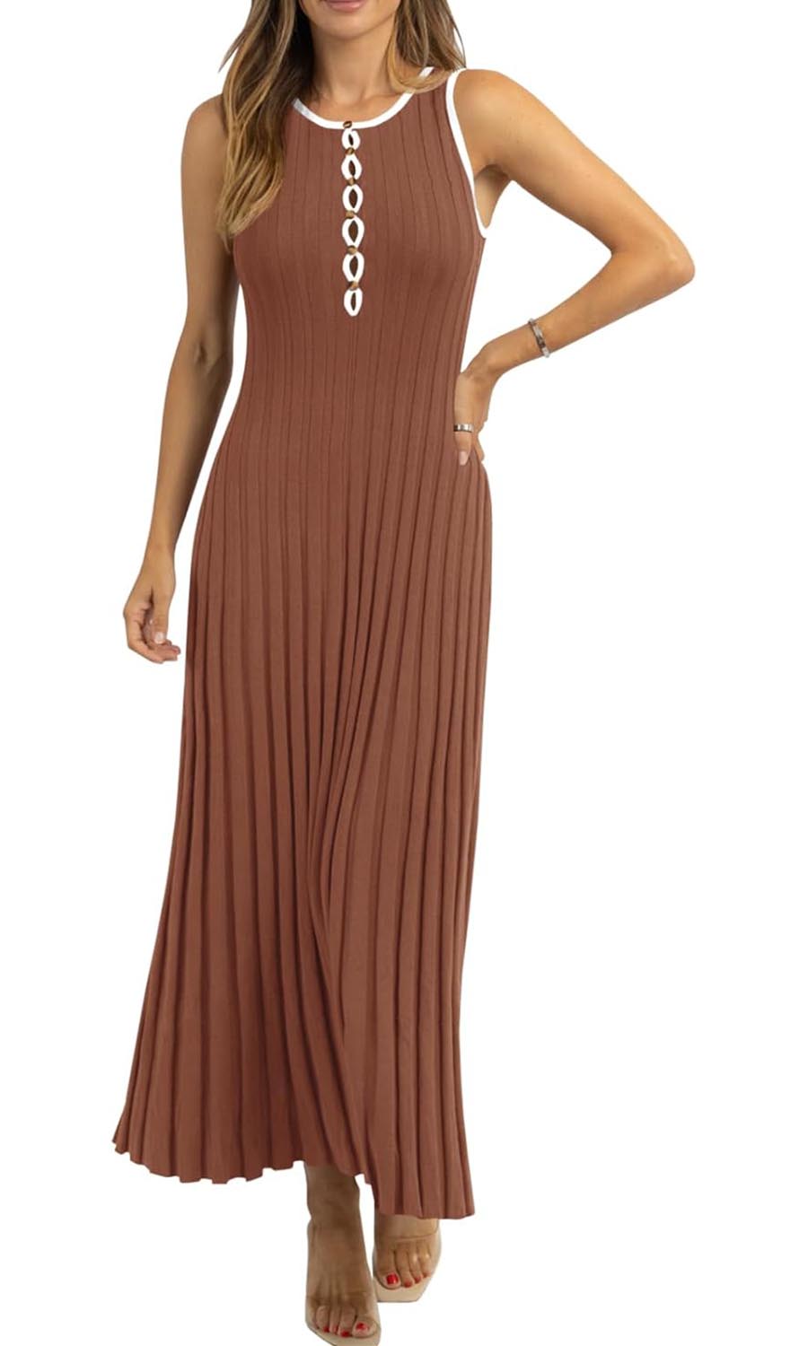  Women's Hollow Out Crewneck Ribbed Knit Tank Sleeveless Dress(Buy 2 Free Shipping)
