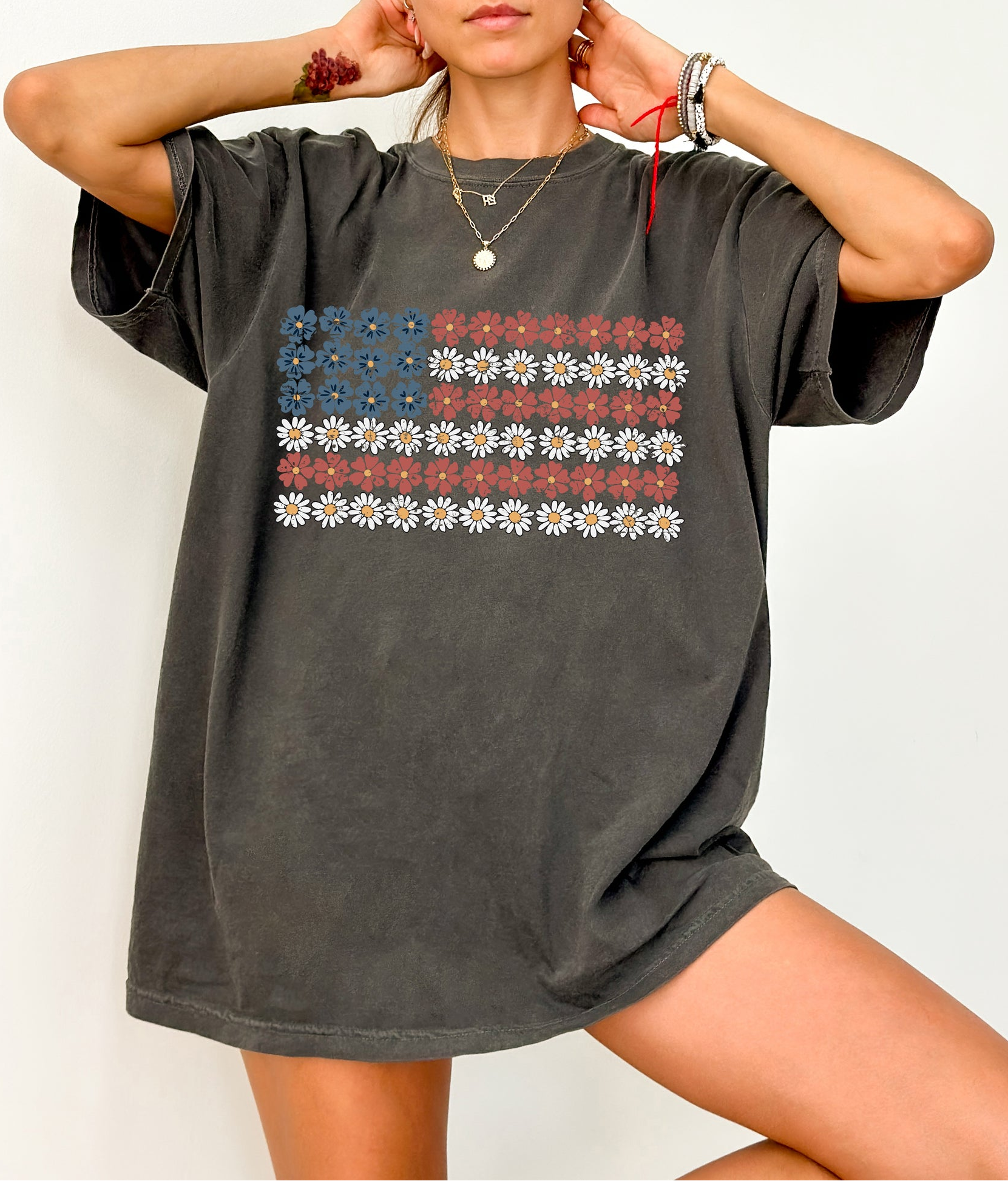 Women's Casual  American Flag Flower-printed Short Sleeves T Shirts(Buy 3 Free Shipping)