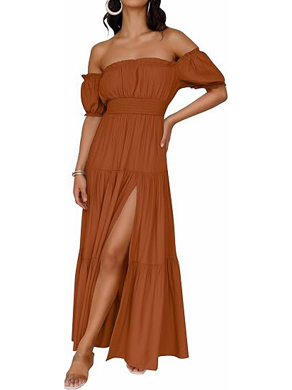 Women's Off Shoulder Side Split Flowy Maxi Dress (Buy 2 Free Shipping)