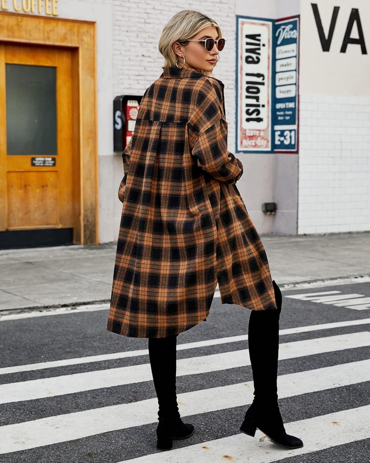 Women's Button Down Flannel Shirts Plaid Shacket Collared Long Jacket Coats(BUY 2 FREE SHIPPING)