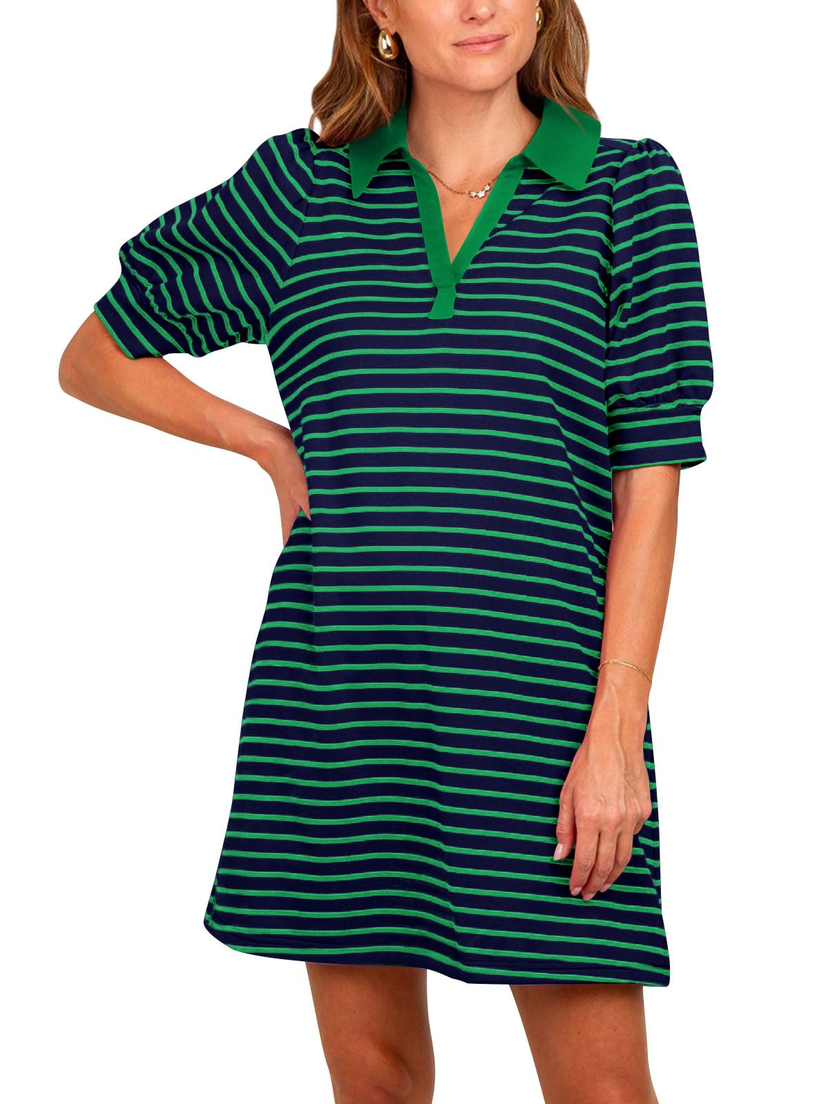 Women's Striped Puff Polo T-shirt Dresses with Pockets (Buy 2 Free Shipping) 