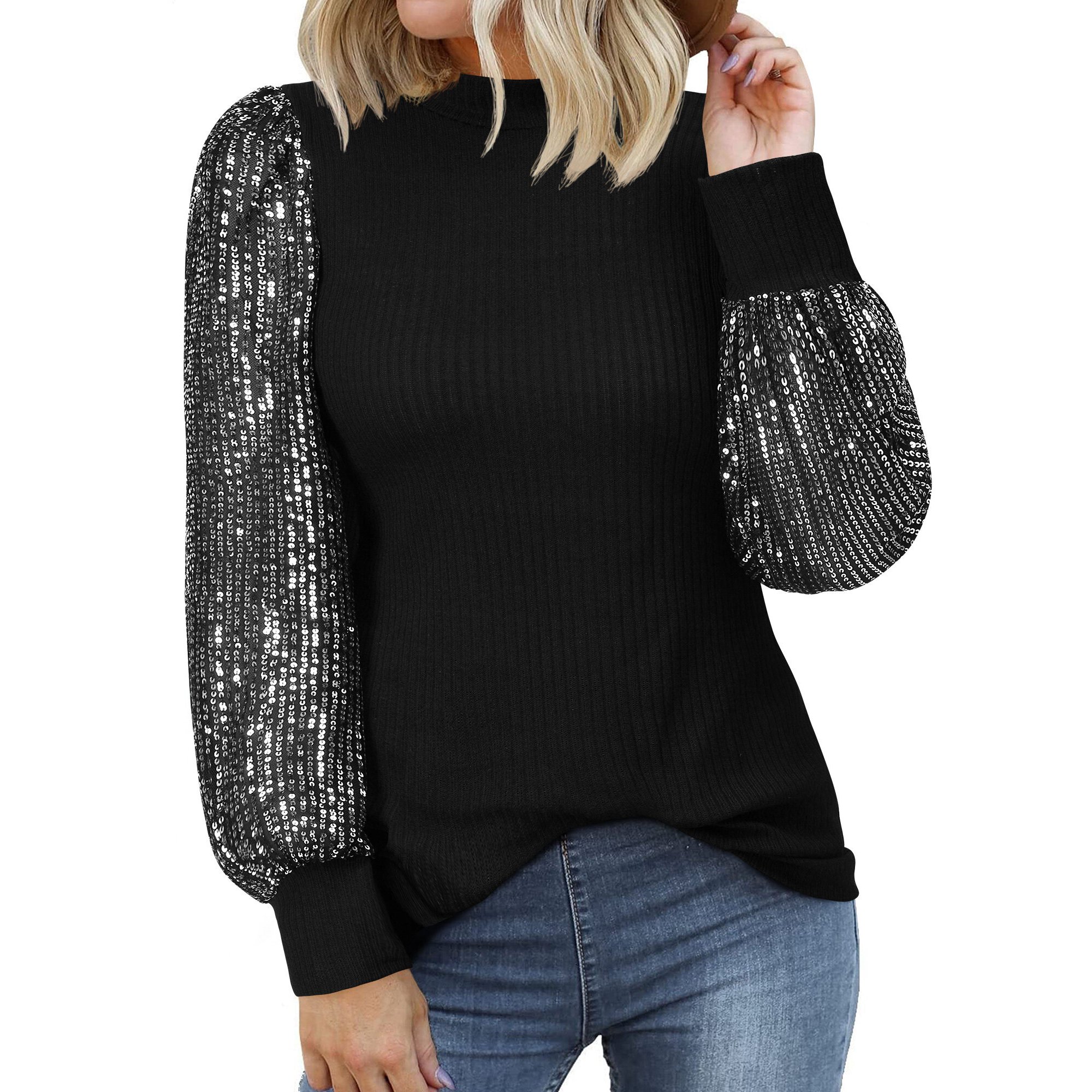 ✨Women Neck Sequin Sparkle Glitter Puff Sleeve Blous Sweaters(Buy 2 Free Shipping)