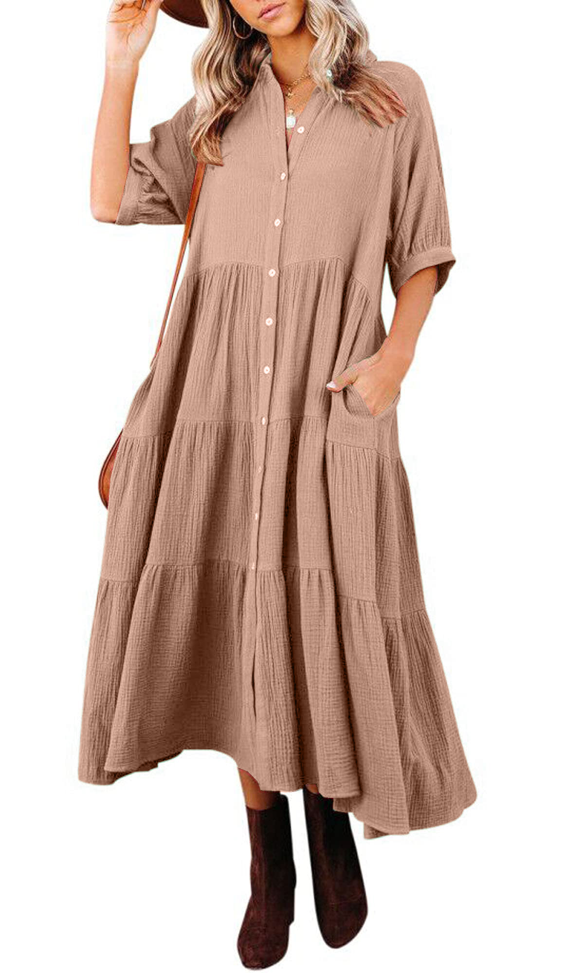 Women's Button Down Tiered Ruffle Flowy Midi Dress with Pockets (Buy 2 Free Shipping)