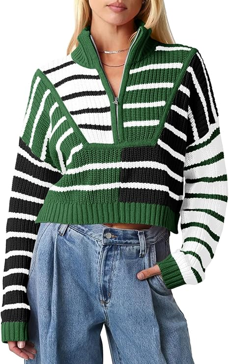 Women Striped Cropped Color Block Zip Up Sweater(Buy 2 Free Shipping)