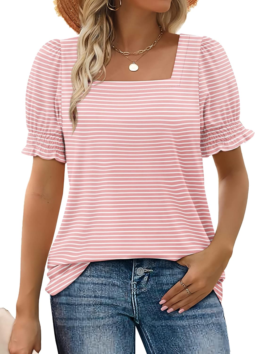 ✨Women Casual Ruffle Trim Sleeve Square Neck T Shirts(Buy 3 Free Shipping)