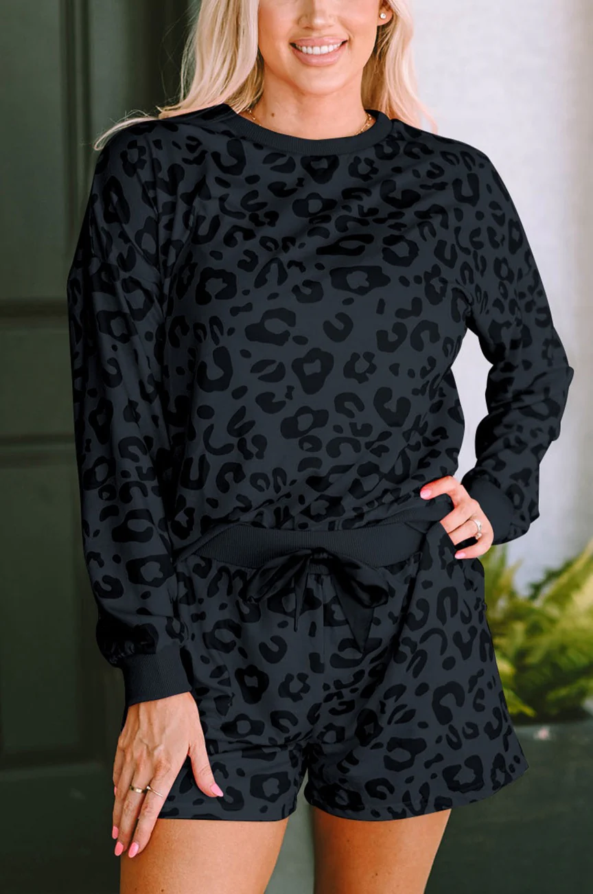 Leopard Print  Pullover Sweatshirts Drawstring Shorts Sets(Buy 2 Free Shipping)