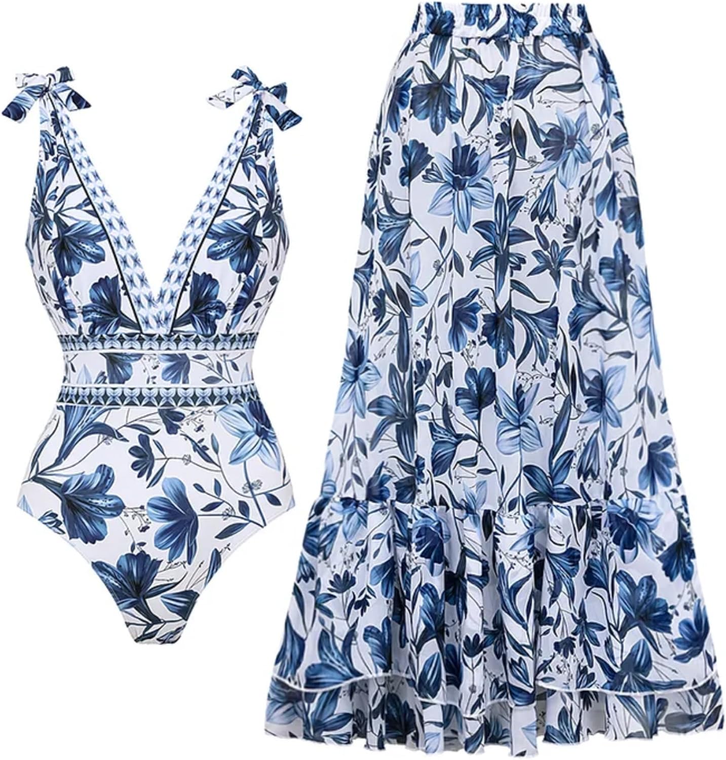 Adjustable Shoulder Strip Prints One Piece Swimsuit With Skirt(Buy 2 Free Shipping)