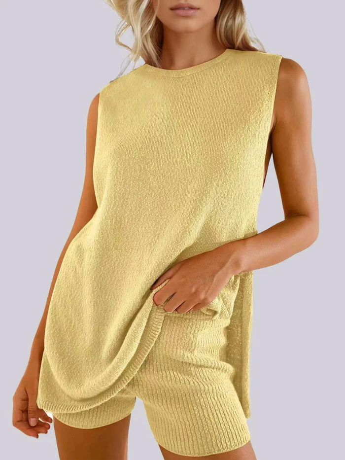Side Slit Round Neck Tank and Shorts Sweater Set(Buy 2 Free Shipping)