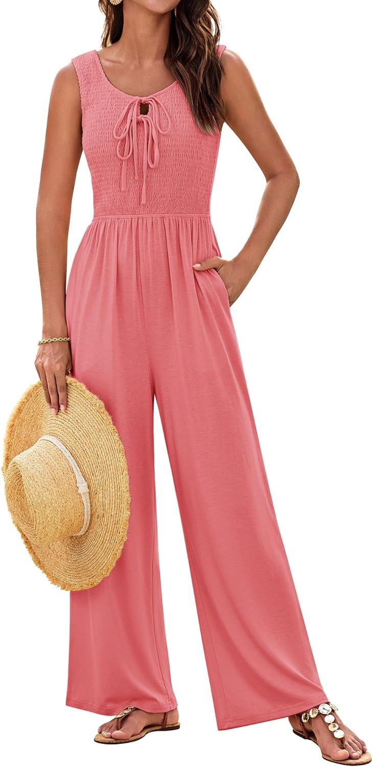 Bow Tie Front Smocked Wide Legs Jumpsuits(Buy 2 Free Shipping)