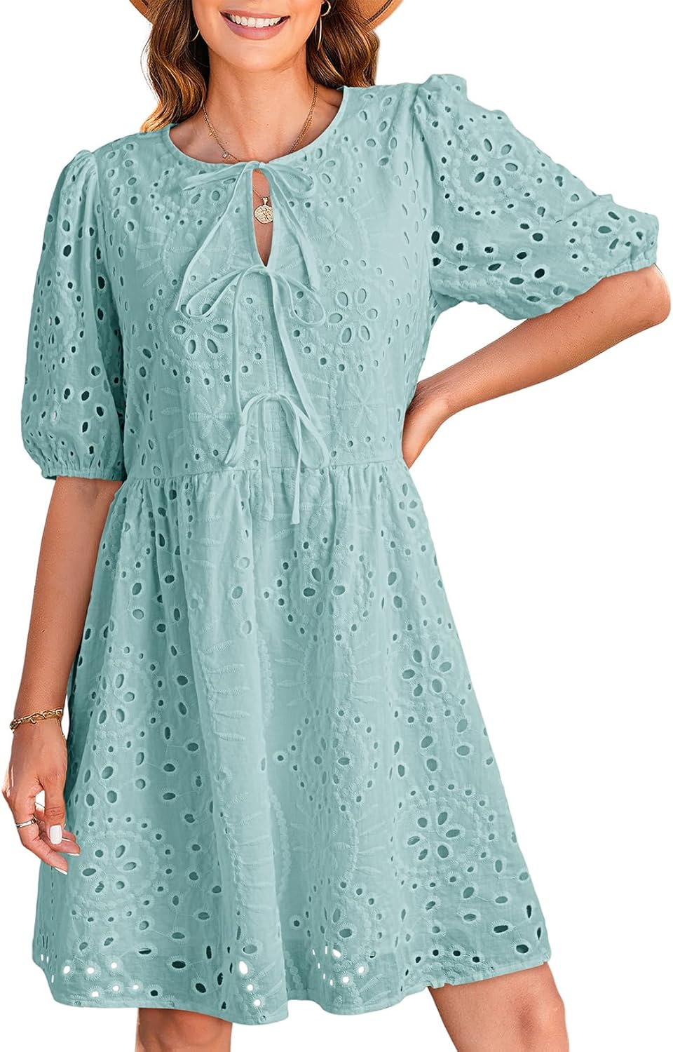 2025 Tie Front V Neck Short Puff Sleeve Hollow Out Lace Dress(Buy 2 Free Shipping)