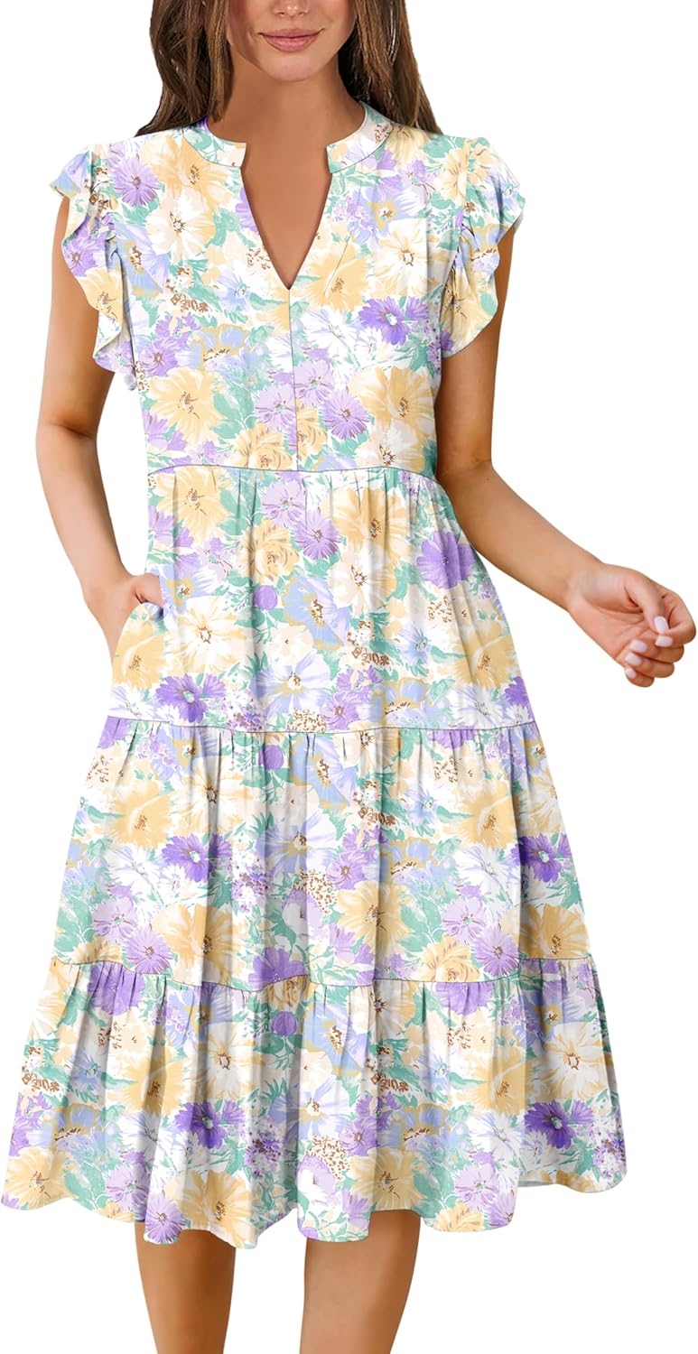 Ruffle Sleeve V Neck Fit Flowy Tiered Midi Dresses(Buy 2 Free Shipping)