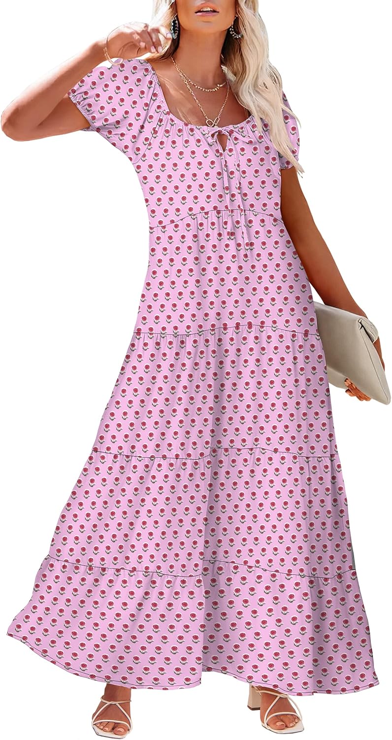 Women's V Neck Puff Sleeve Boho Maxi Dresses(Buy 2 Free Shipping)
