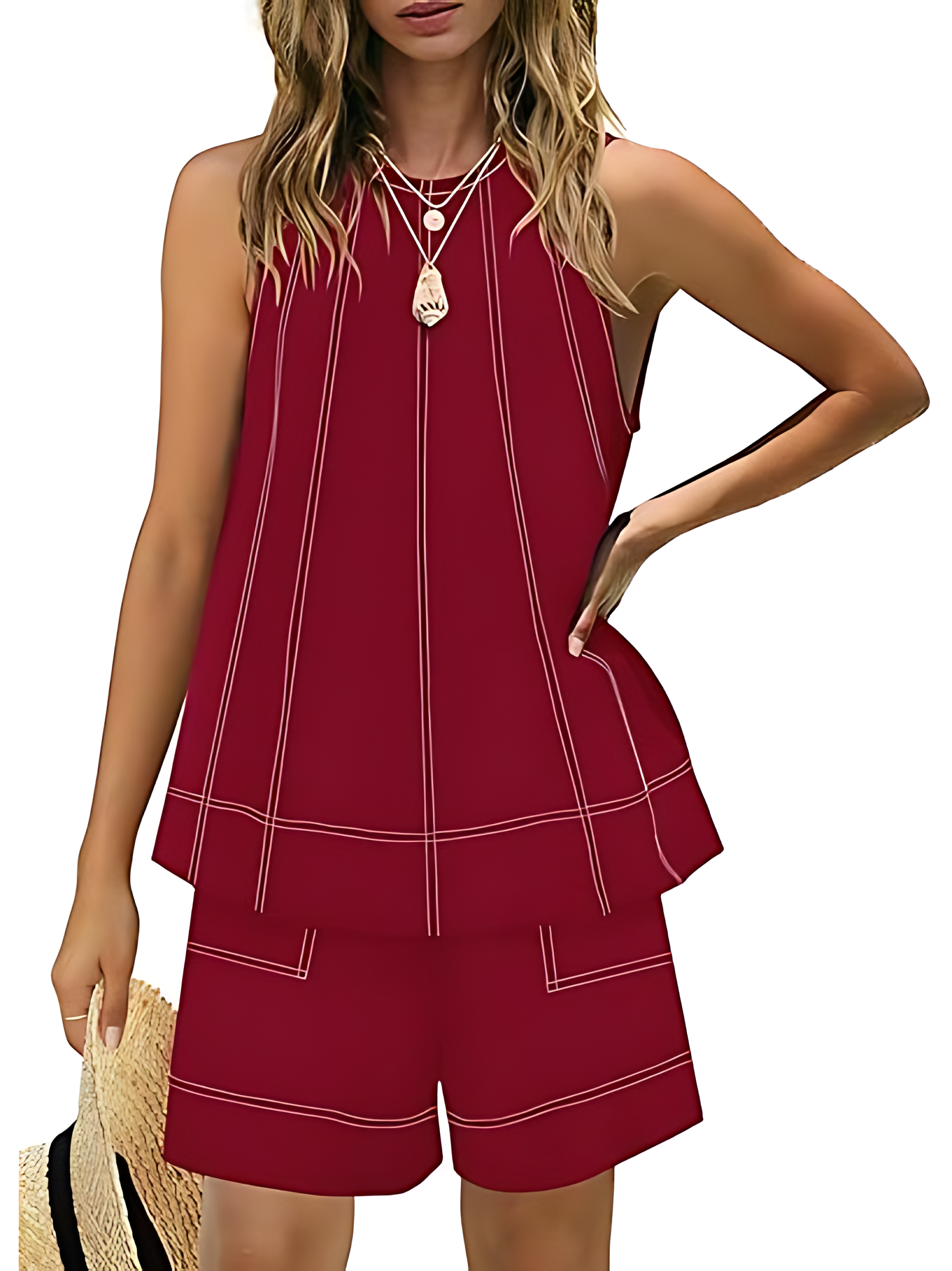 Women's A Line Tank Tops Contrast Stitching High Waist Shorts Sets(Buy 2 Free Shipping)