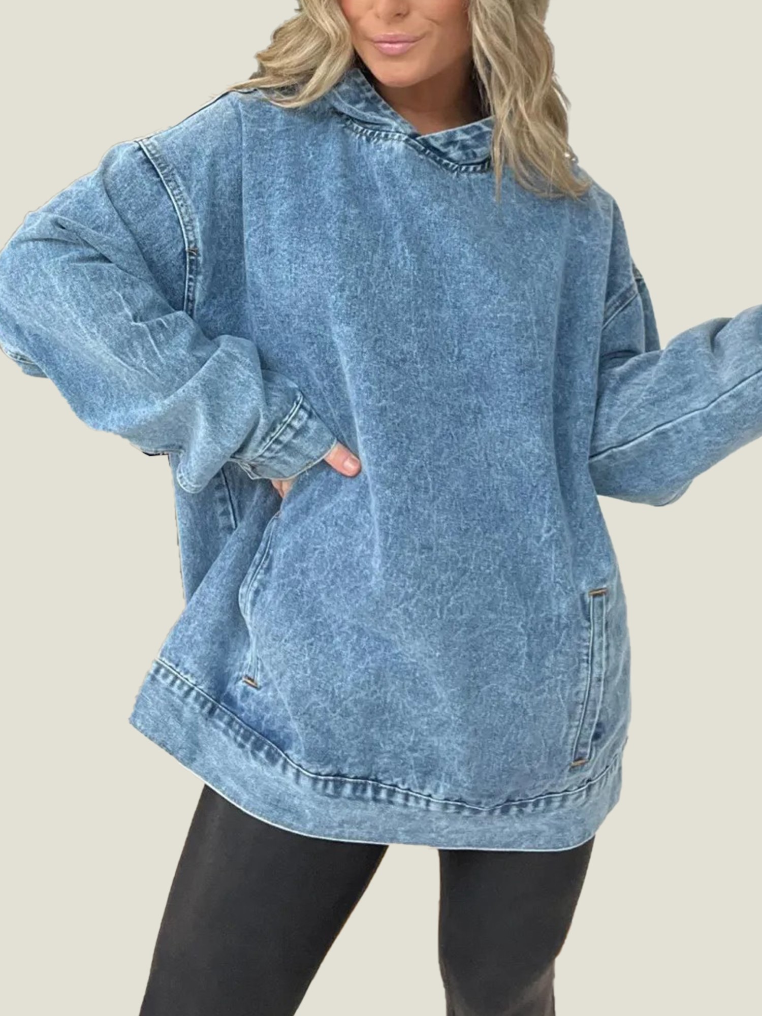 Denim Hooded Sweatshirt with Front Pockets (Buy 2 Free Shipping)