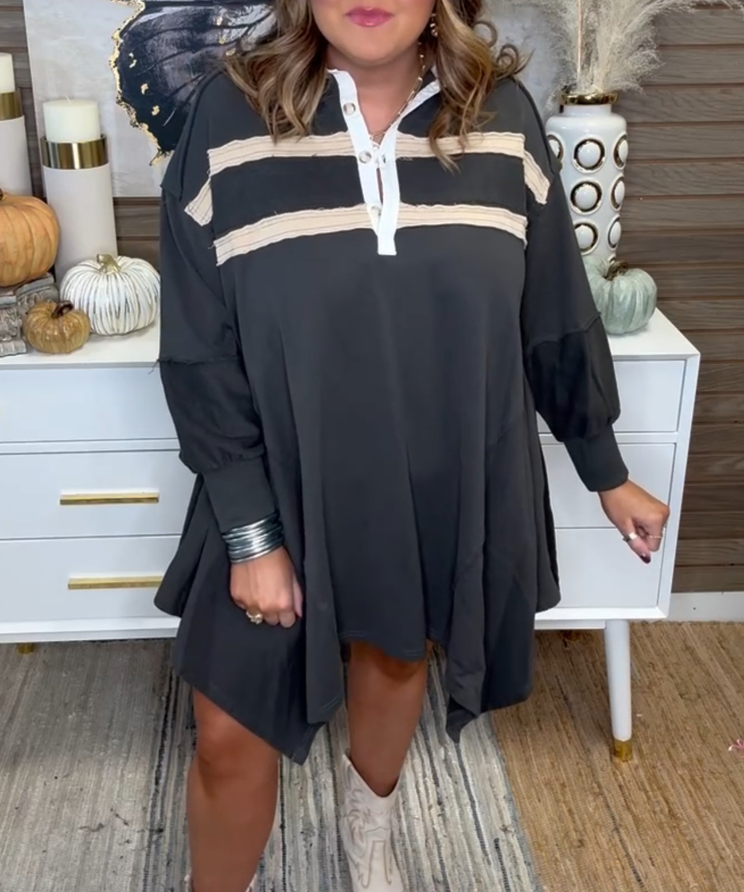 Half Button Irregular Hem Striped Shirt Dress (Buy 2 Free Shipping)