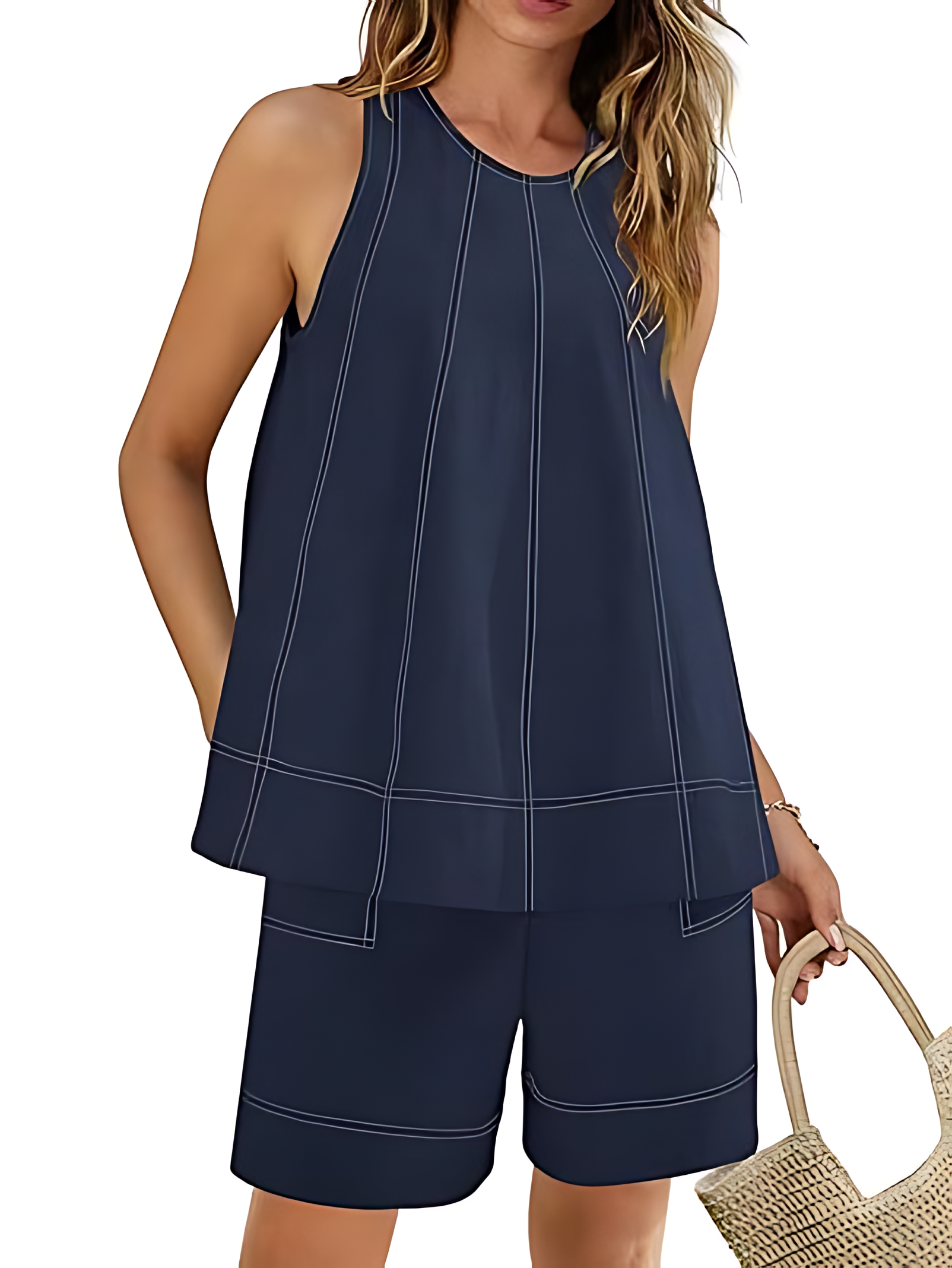 Women's A Line Tank Tops Contrast Stitching High Waist Shorts Sets(Buy 2 Free Shipping)
