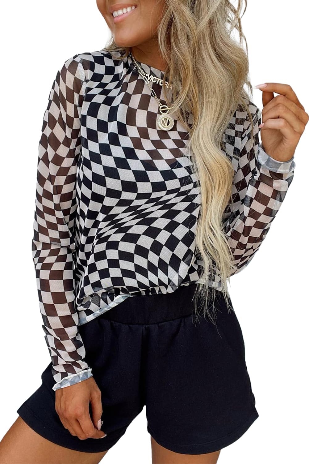 Checkered Pattern Mesh Long Sleeve Top(Buy 3 Free Shipping)