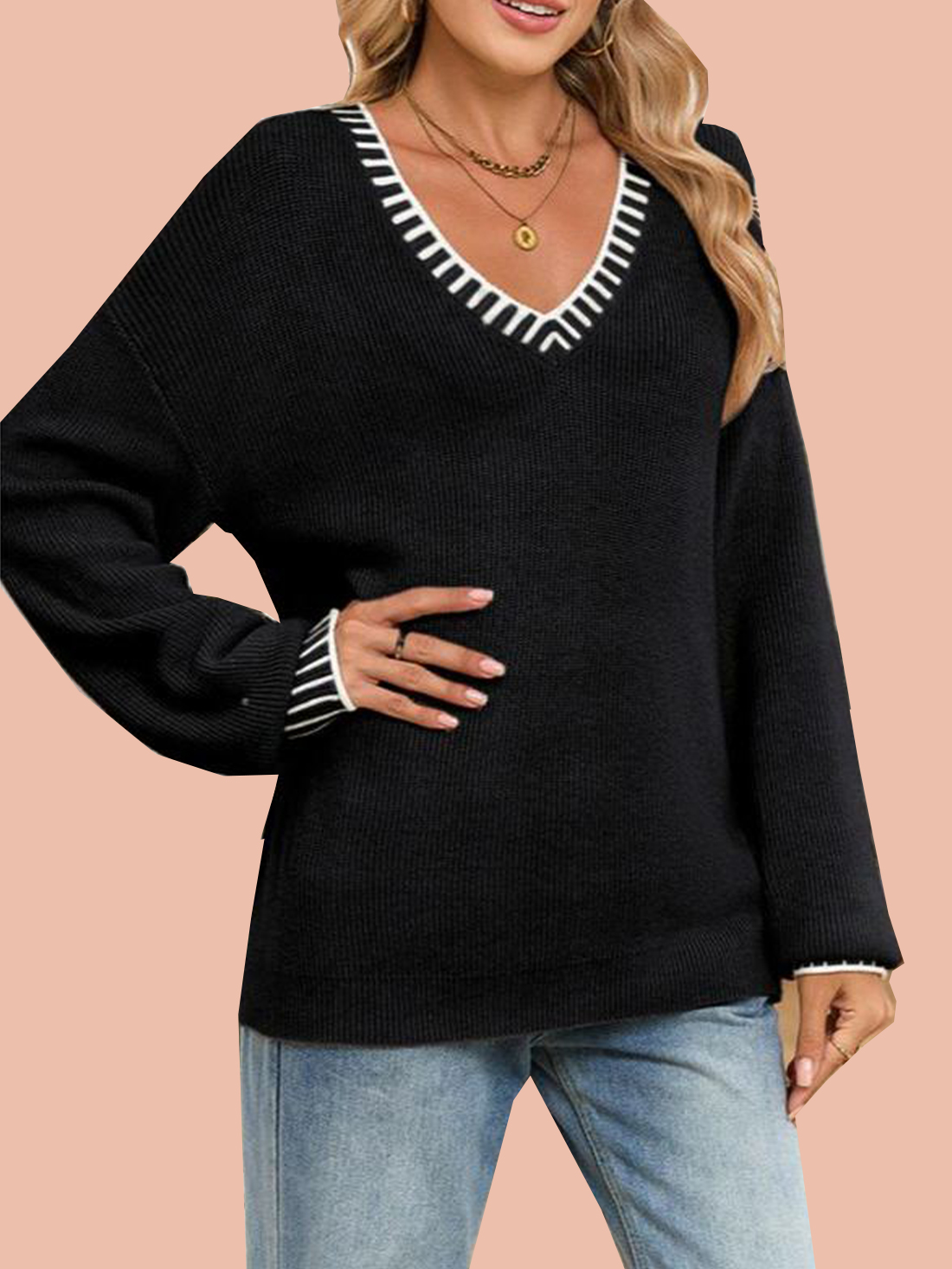 Women's V neck Long Sleeve Pullover Sweaters (Buy 2 Free Shipping)  
