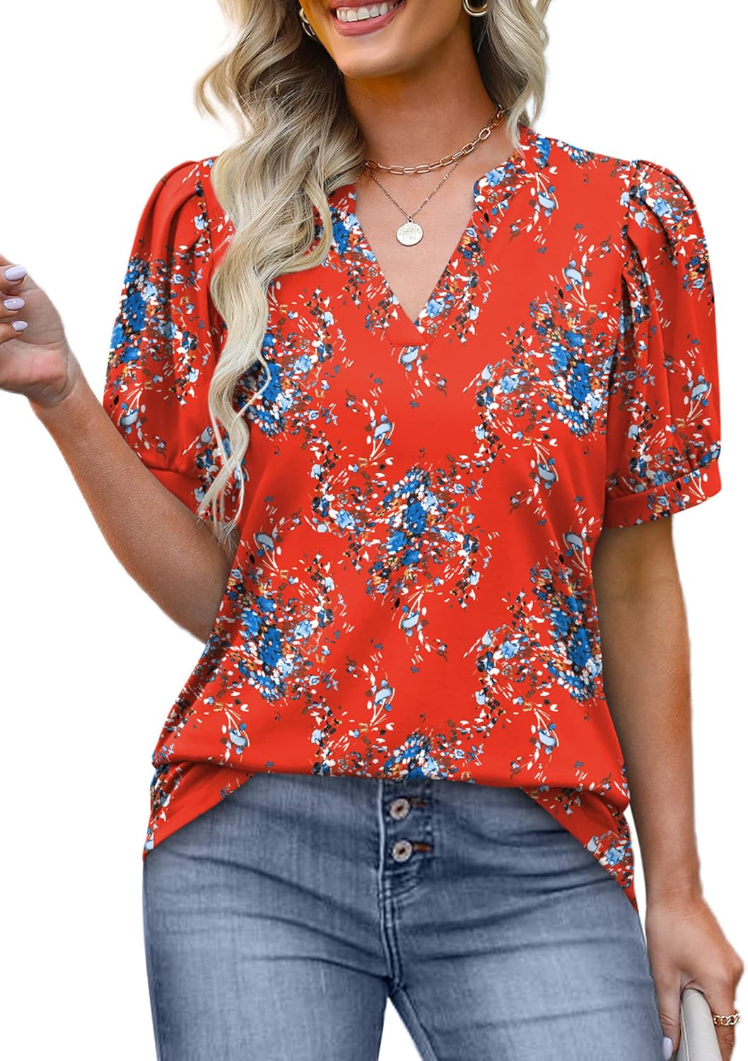 Floral Printed V Neck Short Puffy Sleeve T shirts (BUY 3 FREE SHIPPING)