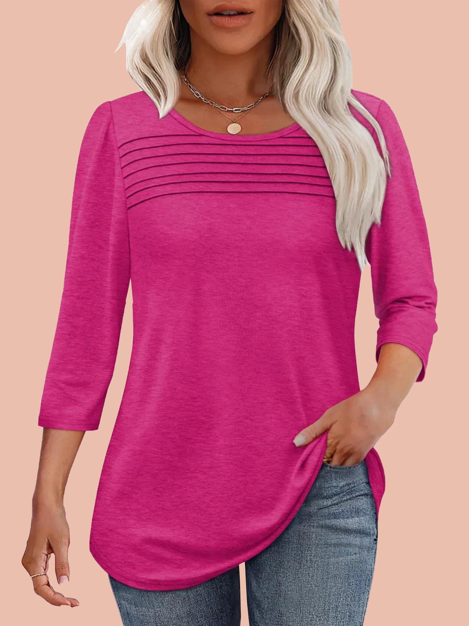 Women's 3/4 Length Sleeve Top Pleated Front T-Shirt (Buy 3 Free Shipping)