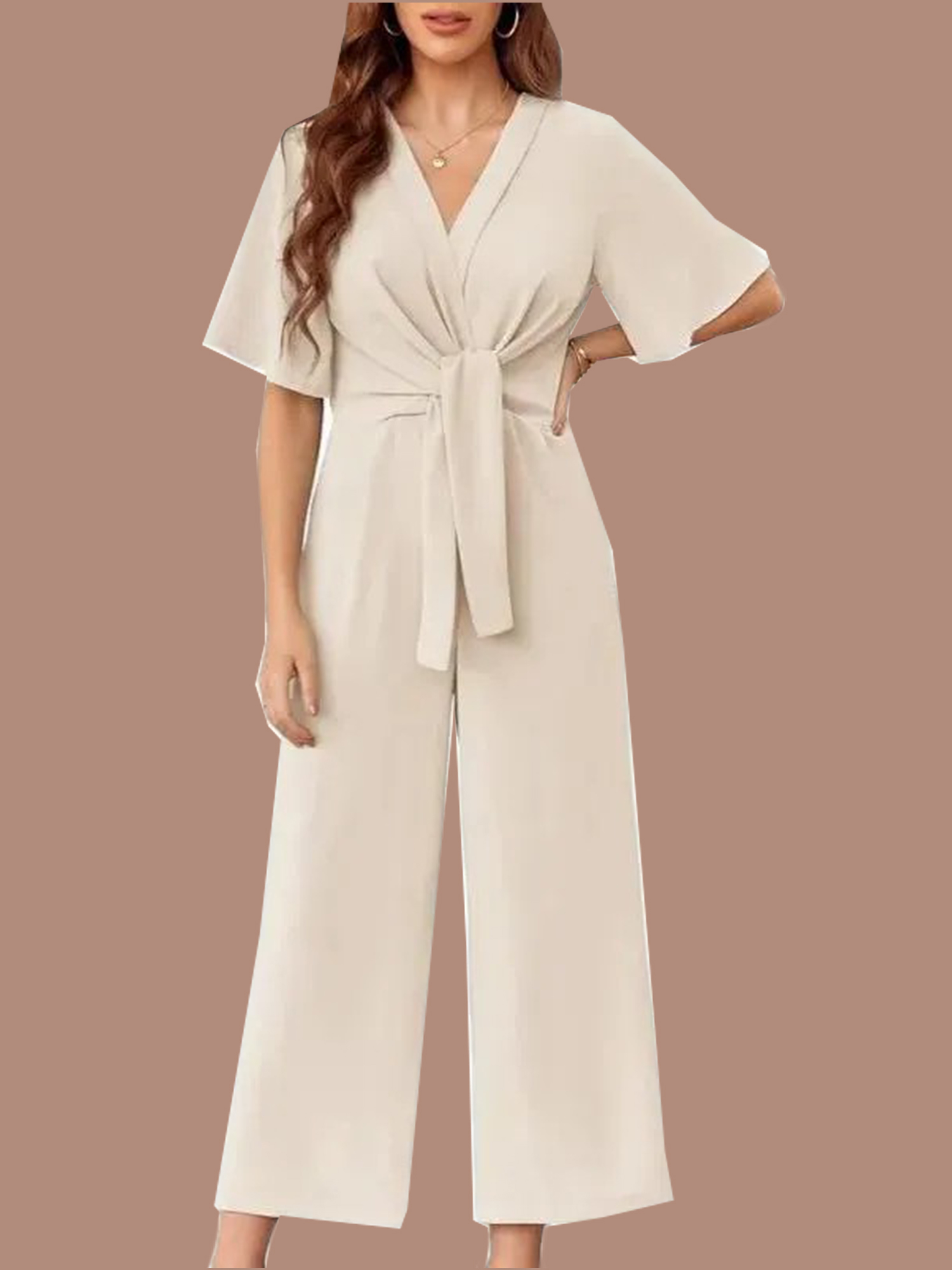 Women's V Neck Tie Knot Front Wide Leg Jumpsuits (Buy 2 Free Shipping)  
