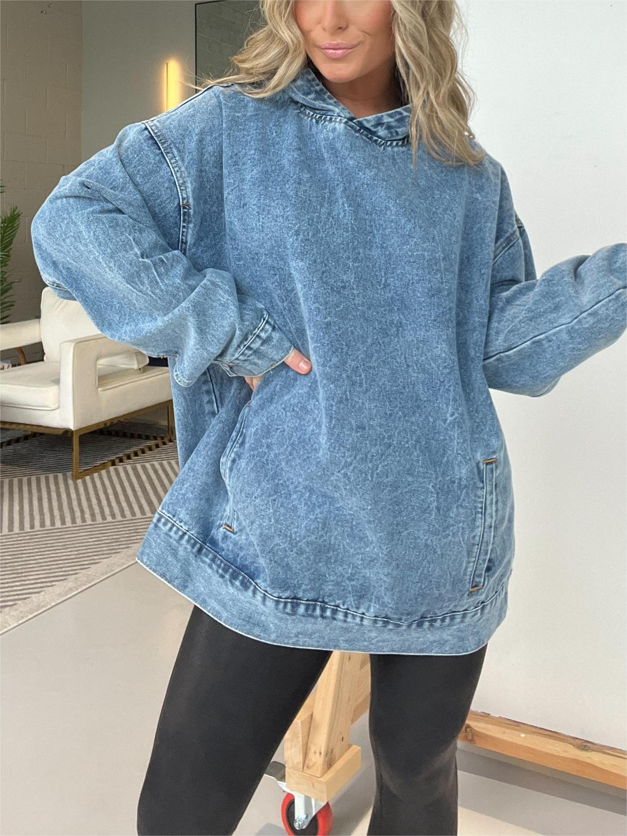 Denim Hooded Sweatshirt with Front Pockets (Buy 2 Free Shipping)
