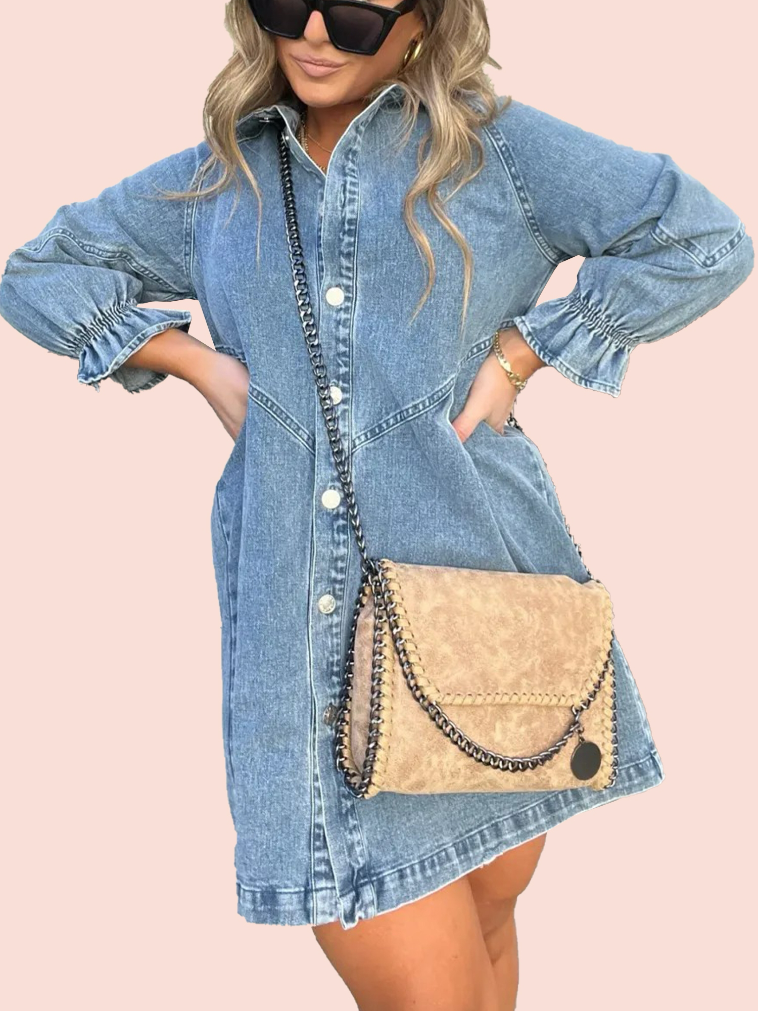 Women's Washed Denim Puff Sleeve Dress (Buy 2 Free Shipping)
